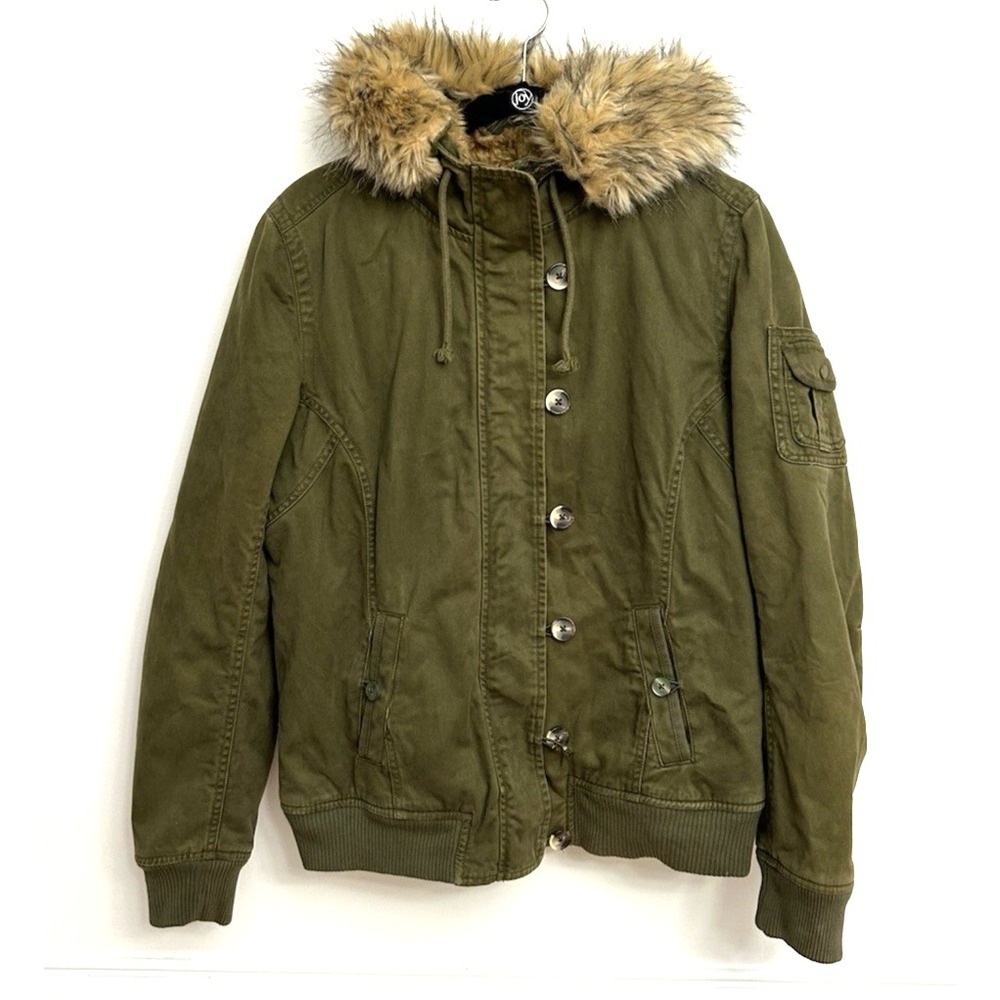 Old Navy Women Parka Jacket Coat Sz XL Olive Green Faux Fur Lined Hooded Utility